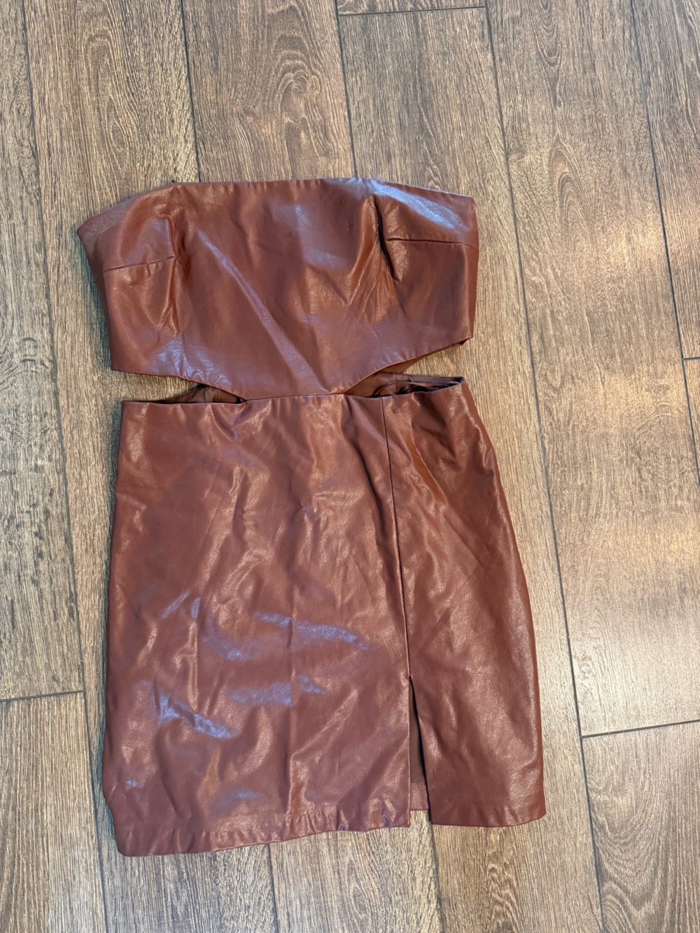 Amanda Uprichard Strapless Faux Leather Mini Dress in Chestnut Brown